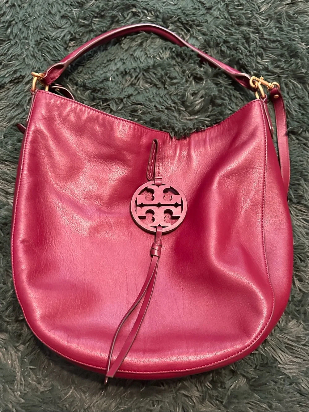 Tory Burch Miller Leather Hobo Bag Port Burgundy Gold Tassel